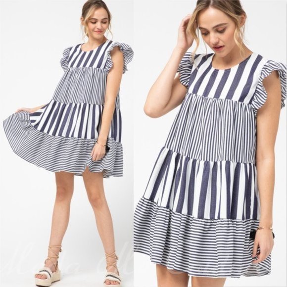 GIRLY DOLLZ Striped BabyDoll Dress - Navy Blue - Picture 2 of 3